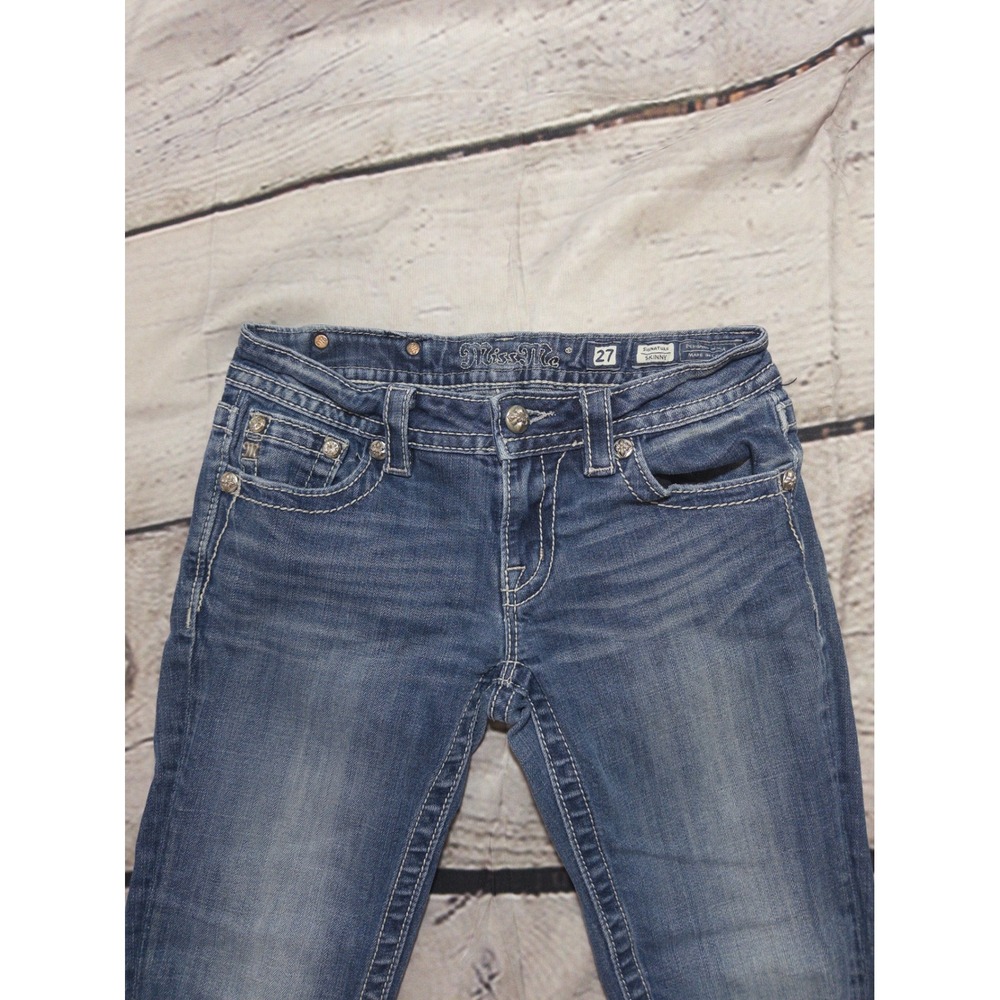 Miss Me Signature Skinny Jeans Womens 27 Blue Embellished Flap Pocket Low‎ Rise - Picture 3 of 10